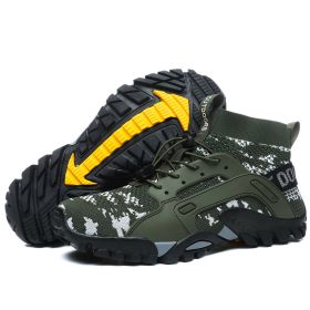 Spring Autumn Outdoor Mesh Fly Woven Sport Hiking Shoes Men Big Child Fashion Breathable High-top Climbing Walking Elastic Laces (Color: camouflage green, size: 40.0)