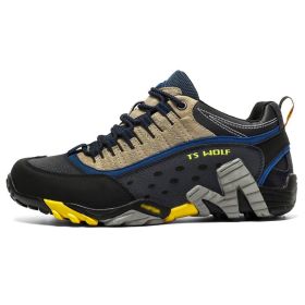 Outdoor Lover Trekking Shoes Men Waterproof Hiking Shoes Mountain Boots Genuine Leather Woodland Hunting Tactical Shoes (Color: Dark blue yellow, size: 40.0)