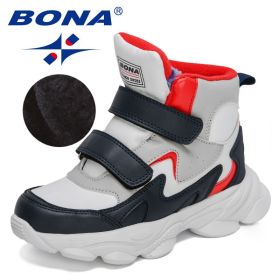BONA 2022 New Designers High Top Winter Hiking Shoes Children Warm Sports Shoes Boys Non-slip Outdoor Plush Ankle Boots Girls (Color: White deep blue red, size: 3.0)