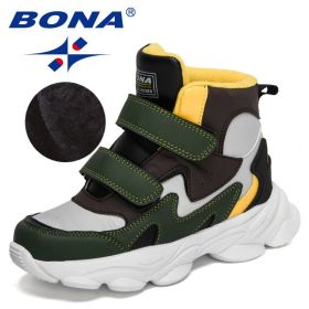 BONA 2022 New Designers High Top Winter Hiking Shoes Children Warm Sports Shoes Boys Non-slip Outdoor Plush Ankle Boots Girls (Color: Light gray D brown, size: 4)