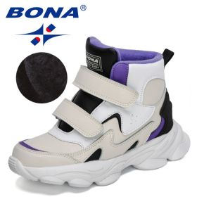 BONA 2022 New Designers High Top Winter Hiking Shoes Children Warm Sports Shoes Boys Non-slip Outdoor Plush Ankle Boots Girls (Color: Light beige purple, size: 4)