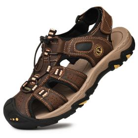 Summer Men Casual Beach Outdoor Water Shoes Breathable Trekking Sandals Hiking Climbing Fishing Genuine Leather Leisure Sandals (Color: Dark Brown, size: 43.0)