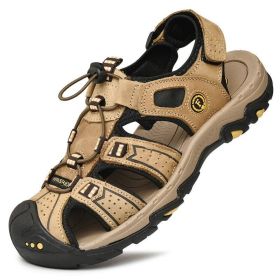 Summer Men Casual Beach Outdoor Water Shoes Breathable Trekking Sandals Hiking Climbing Fishing Genuine Leather Leisure Sandals (Color: light brown, size: 42.0)