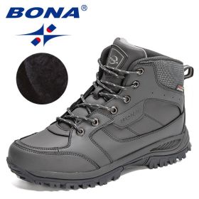 BONA 2022 New Designers Casual Winter Outdoor Snow Shoes Men Fashion Action Leather Plush Warm Boots Man High Top Hiking Shoes (Color: Dark grey S gray, size: 8)