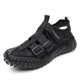Men Sandals Summer Breathable Outdoor Hiking Beach Shoes Male Non Slip Rubber Sole Slippers Handmade Patchwork Roman Sandalies (Color: Black, size: 38.0)